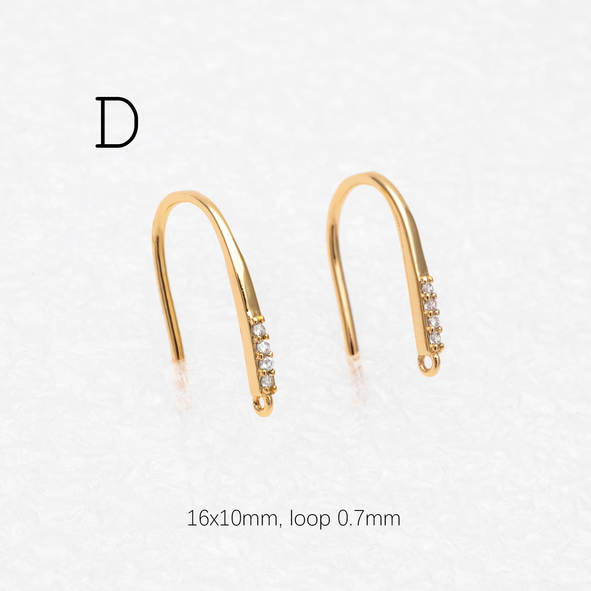 10pcs CZ Pave Gold Earring Hooks 14x10mm, Real Gold Plated Brass Earwires (GB-315)